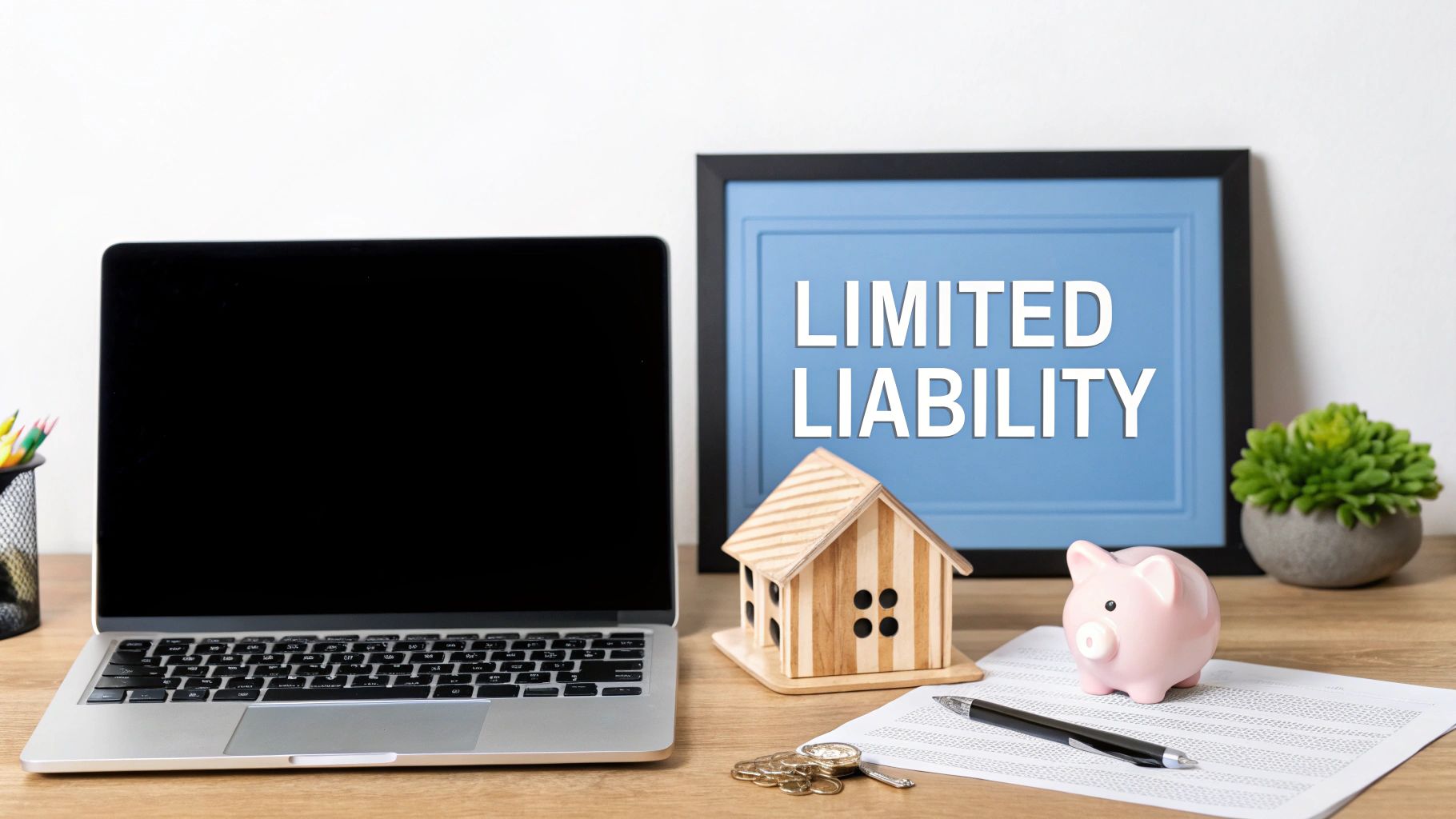 A desk with a laptop, house model, piggy bank, and a framed sign saying 'LIMITED LIABILITY'.
