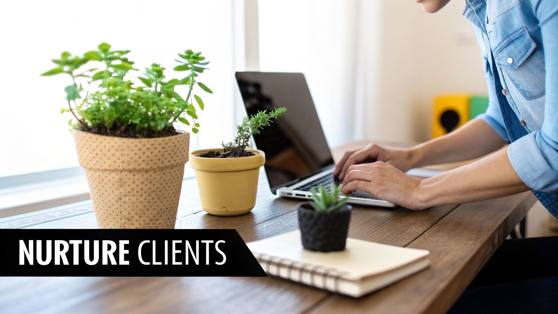A person types on a laptop at a wooden desk with potted plants, showing 'NURTURE CLIENTS' text.