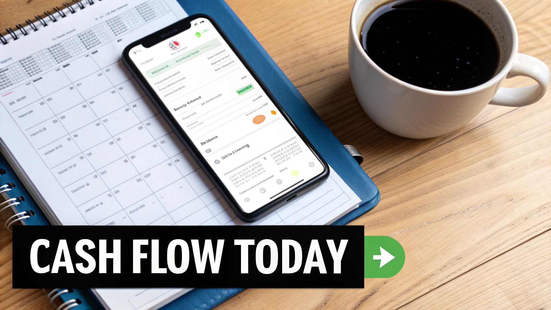 Overhead view of a wooden desk with a notebook, smartphone displaying a finance app, and a cup of coffee, highlighting 'CASH FLOW TODAY'.