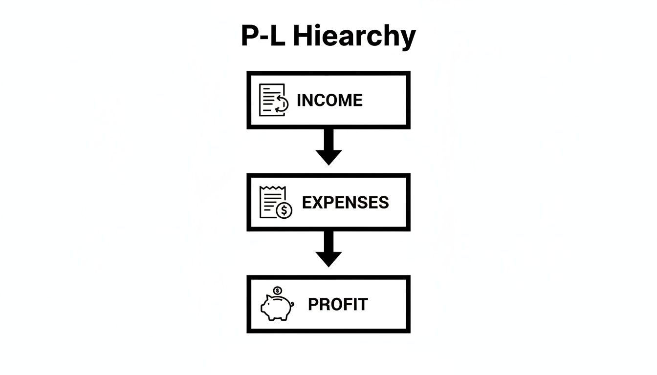 A black and white diagram illustrating the P-L Hierarchy: Income minus Expenses equals Profit.