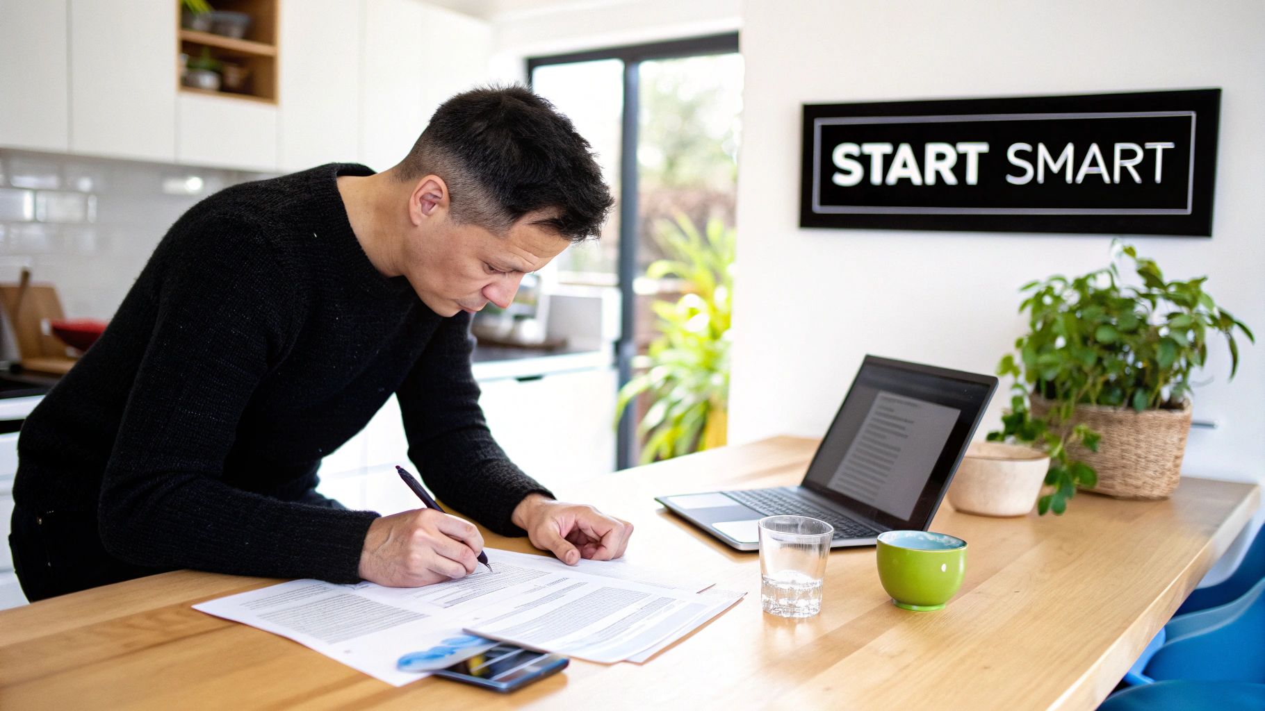 Man in black sweater intently writing on documents at a modern home desk with a laptop.