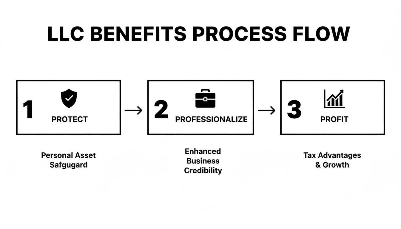 Infographic showing three key LLC benefits: personal asset protection, enhanced business credibility, and tax advantages.