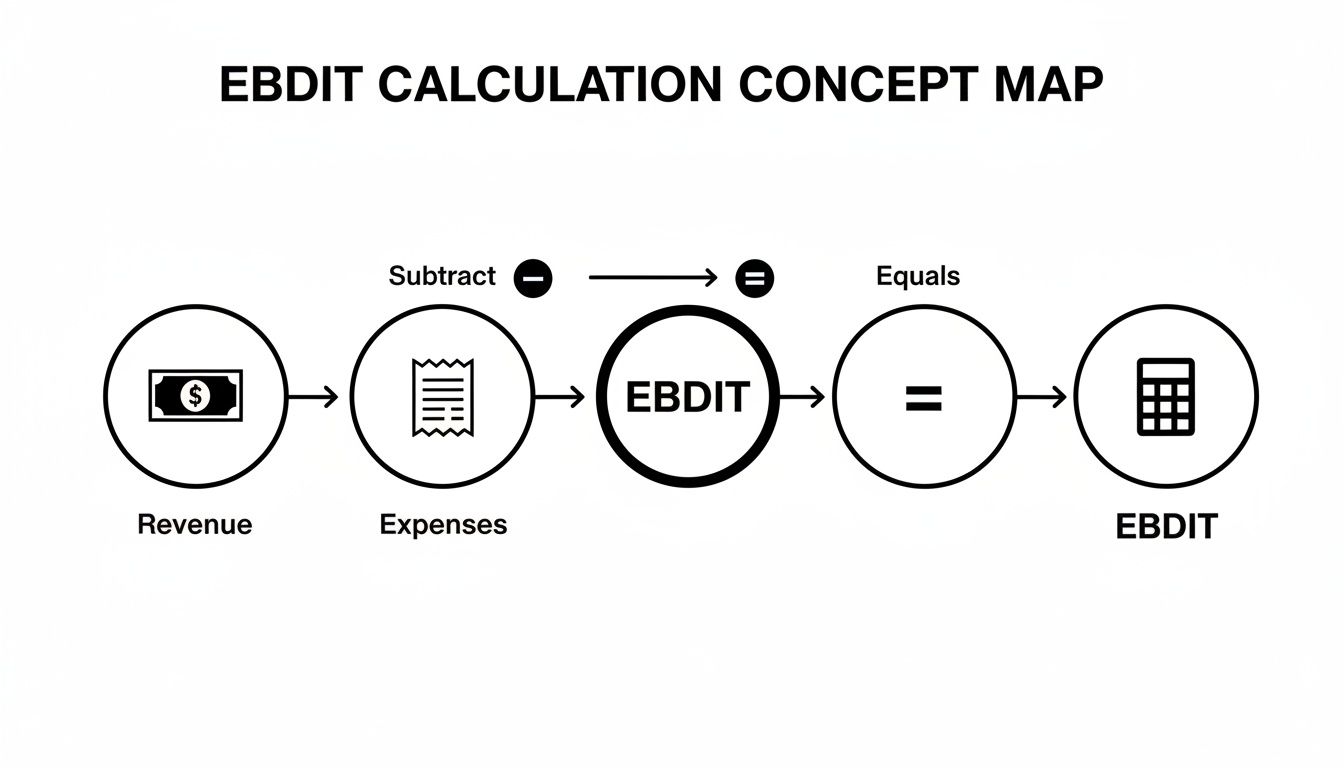 A concept map illustrates the EBDIT calculation: Revenue minus Expenses equals EBDIT, shown with icons.