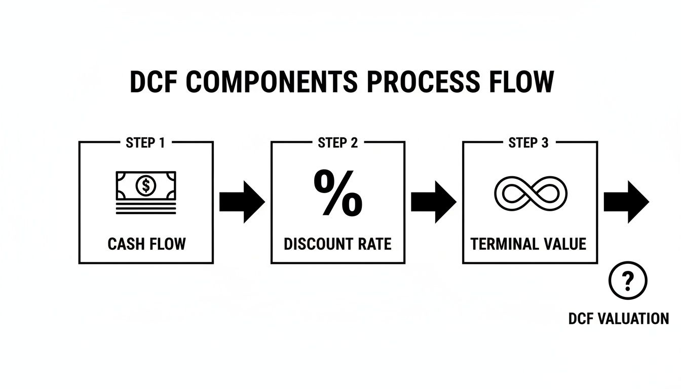 Flowchart illustrating the DCF valuation process with components: cash flow, discount rate, and terminal value.