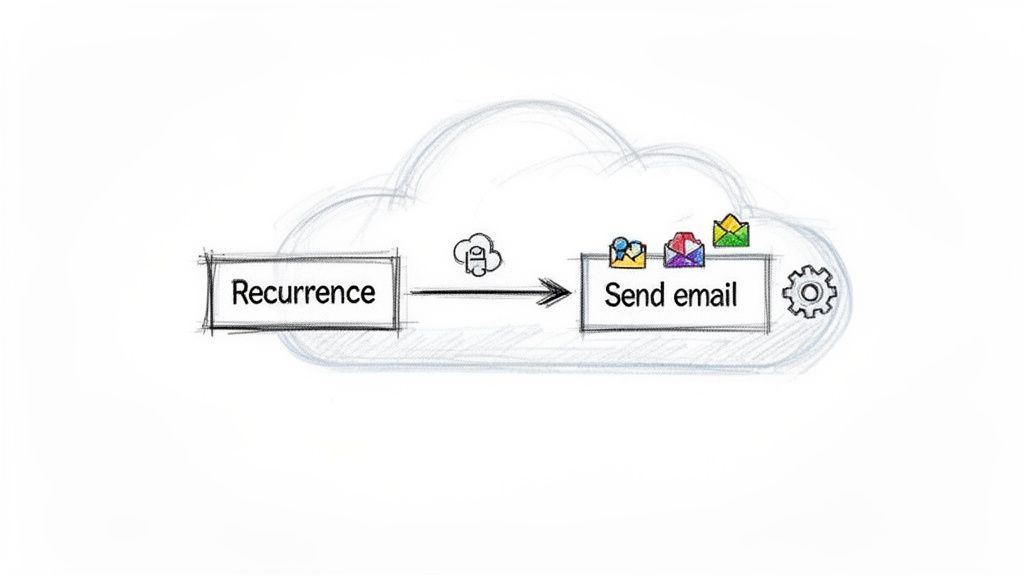 Diagram illustrating a cloud-based recurrence workflow for sending automated emails with settings.