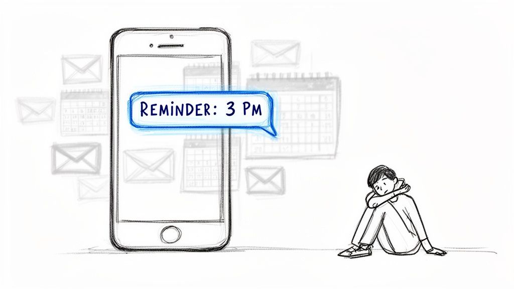 A lonely person sits next to a smartphone displaying a 'Reminder: 3 PM' notification.