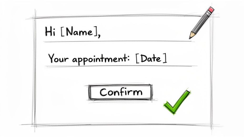 Hand-drawn appointment reminder message with placeholders, a 'Confirm' button, and a green checkmark.