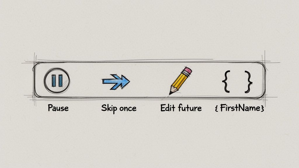 A hand-drawn user interface concept with options for 'Pause', 'Skip once', 'Edit future', and '{FirstName}'.