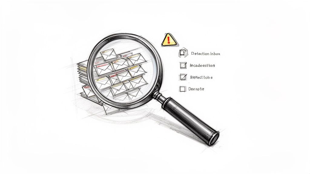 A magnifying glass inspecting a stack of emails, with some highlighted for detection, next to an alert icon and checklist.