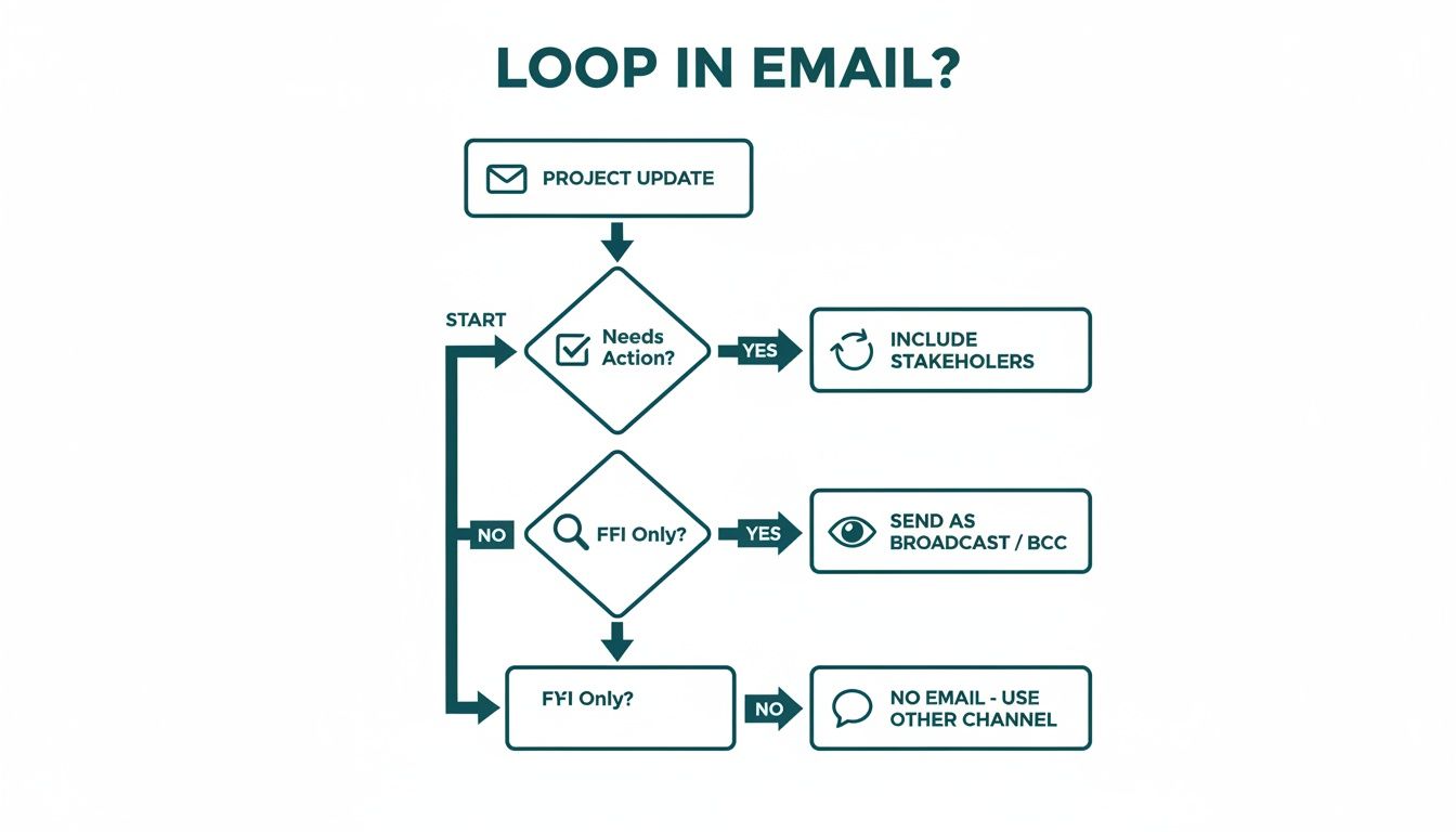 Flowchart illustrating email communication decisions for project updates, including actions, stakeholders, and broadcast options.