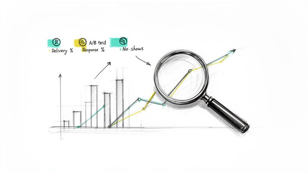 Hand-drawn chart with bar and line graphs, a magnifying glass, analyzing A/B test data like delivery and response.