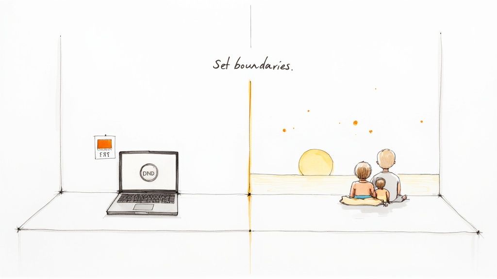 Illustration depicting a clear boundary between a laptop on one side and a family watching a sunset on the other, emphasizing work-life balance.