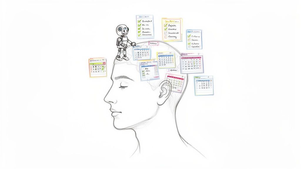 A robot organizes digital calendars and to-do lists within a person's brain, symbolizing automatic reminders.