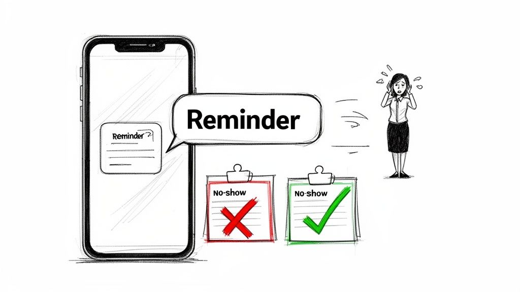 A smartphone sending a reminder notification, leading to reduced no-shows and less stress for a woman.