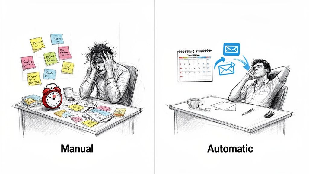 Illustration contrasting a stressed person managing tasks manually with a relaxed person using automation.
