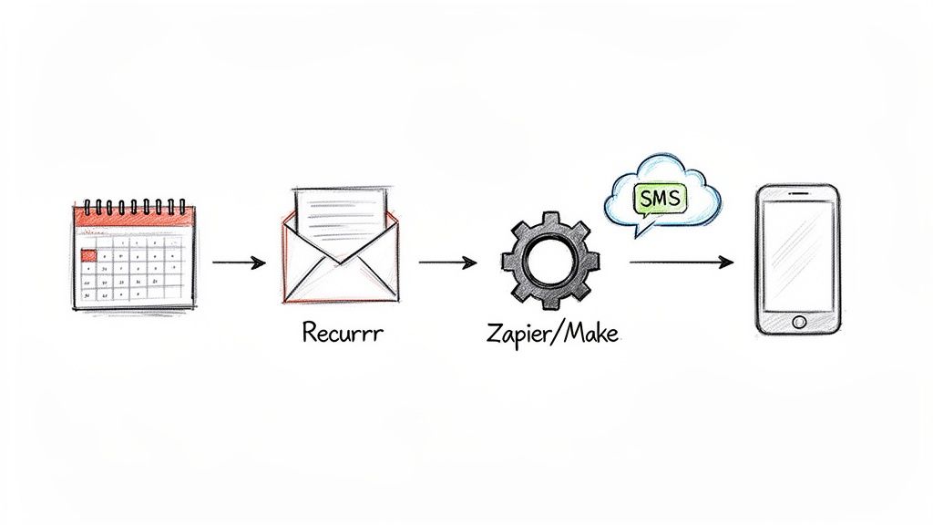 Diagram showing automated SMS appointment reminders workflow: calendar, Recurrr, Zapier/Make integration, SMS cloud, smartphone.