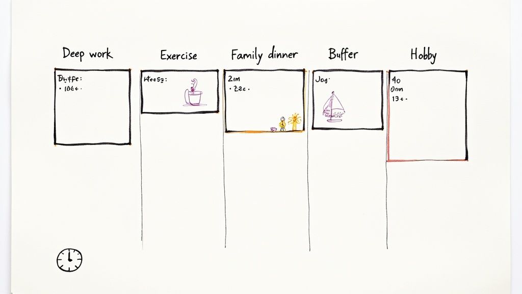 A hand-drawn schedule or kanban board outlining daily activities: deep work, exercise, family dinner, buffer, and hobby.