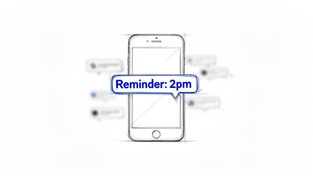 A hand-drawn smartphone shows a blue notification bubble with "Reminder: 2pm".