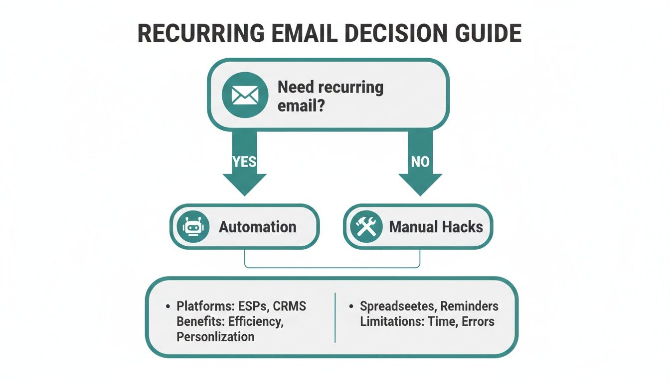 A recurring email decision guide flowchart outlines choosing between automation and manual hacks for email management.
