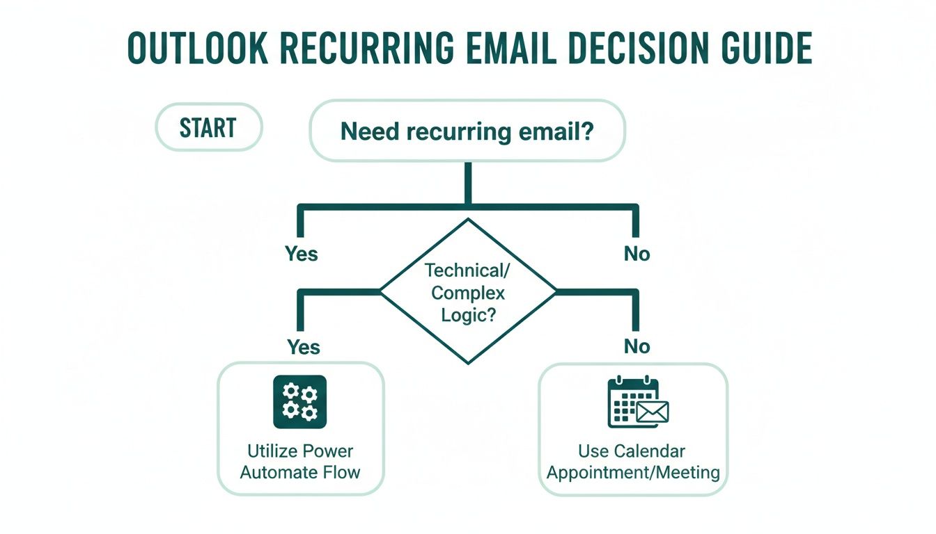 Flowchart illustrating Outlook recurring email decision process: Power Automate for complex logic, Calendar for simple.