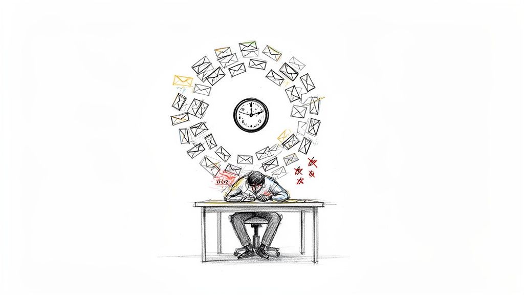 Illustration of a person at a desk, overwhelmed by a flood of emails and time pressure.
