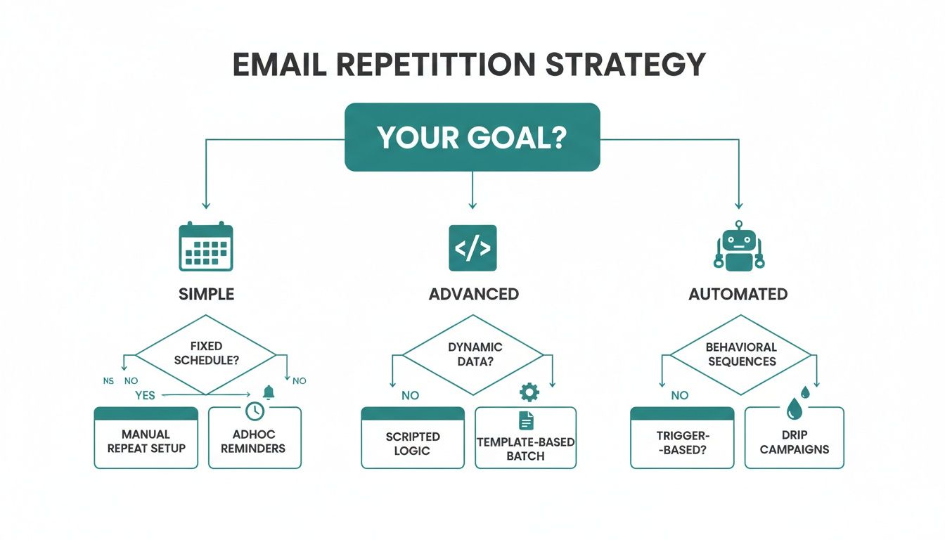 Flowchart illustrating email repetition strategies, including simple, advanced, and automated options with decision paths.
