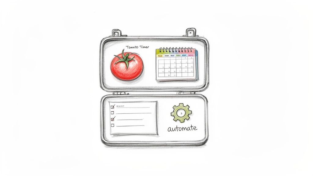 An open productivity toolbox containing a tomato timer, calendar, checklist, and automation gear symbol.