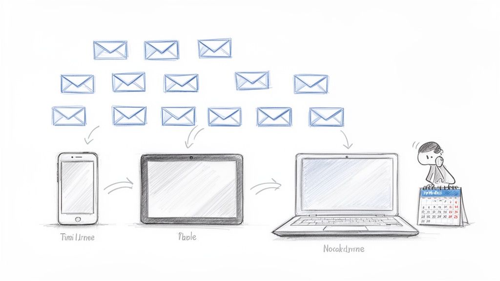 A sketch shows multiple emails flowing to a smartphone, tablet, and laptop, with a person looking at a calendar.