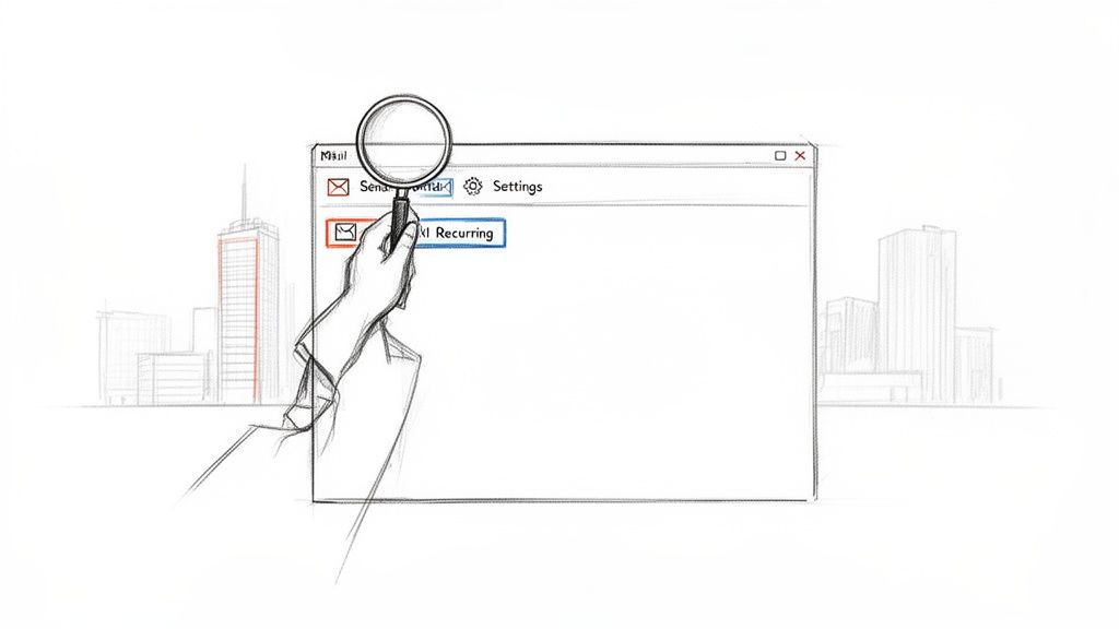 A sketch of a hand holding a magnifying glass over an email application, highlighting 'Recurring'.