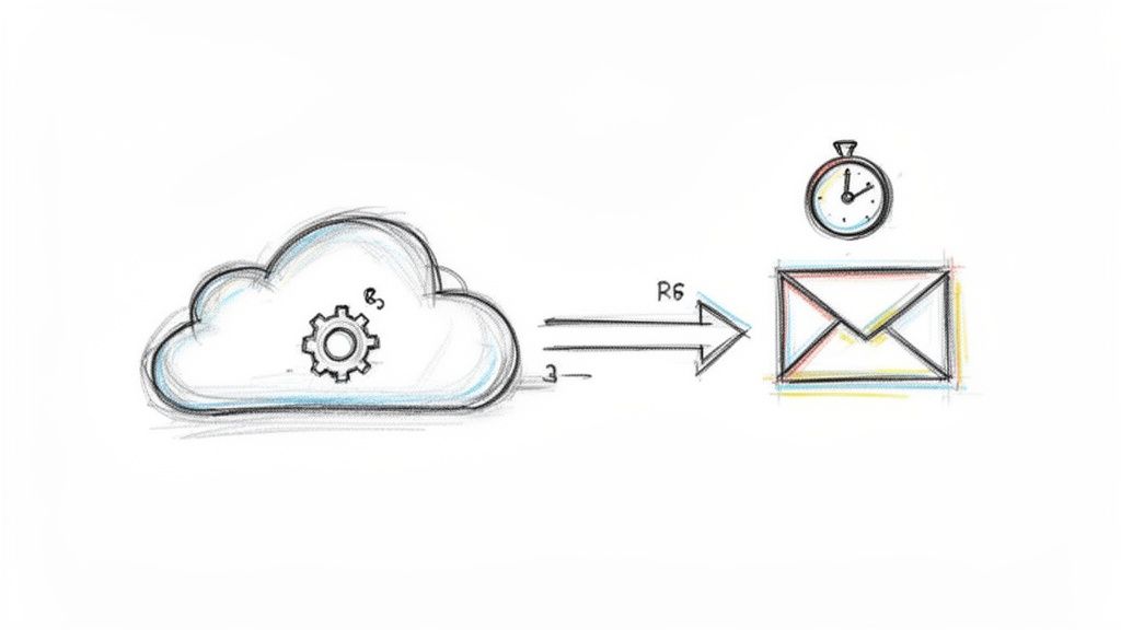 Sketch diagram depicting a cloud service with a gear sending a scheduled or repeating email.