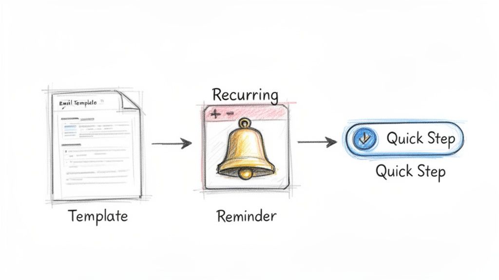 A calendar event on a desktop screen with a pop-up reminder to send a recurring email.