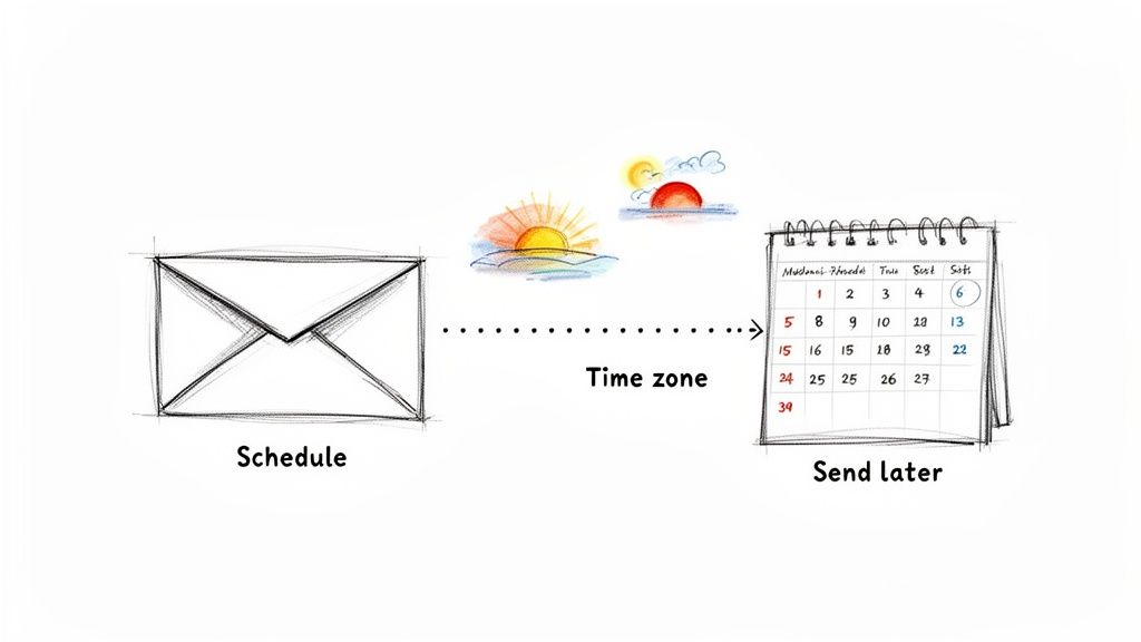 A visual explanation of scheduling an email to send later, considering time zones.