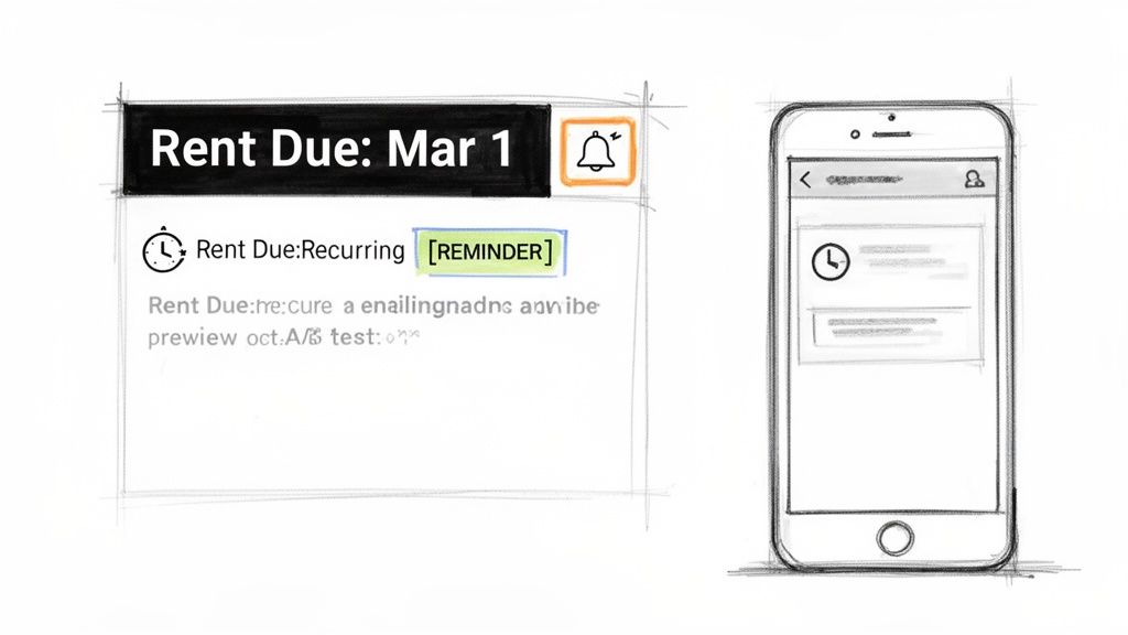 A sketch showing a notification card for 'Rent Due: Mar 1' with a reminder icon and a smartphone displaying a similar alert.