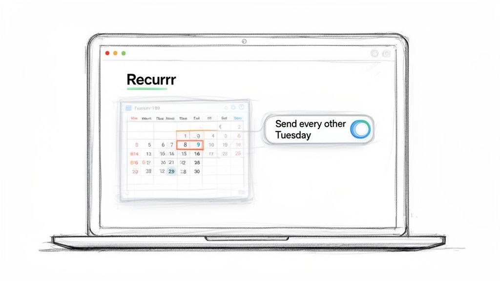 A sketch of a laptop screen displaying a calendar app called 'Recurrr' with a recurring email scheduling option.