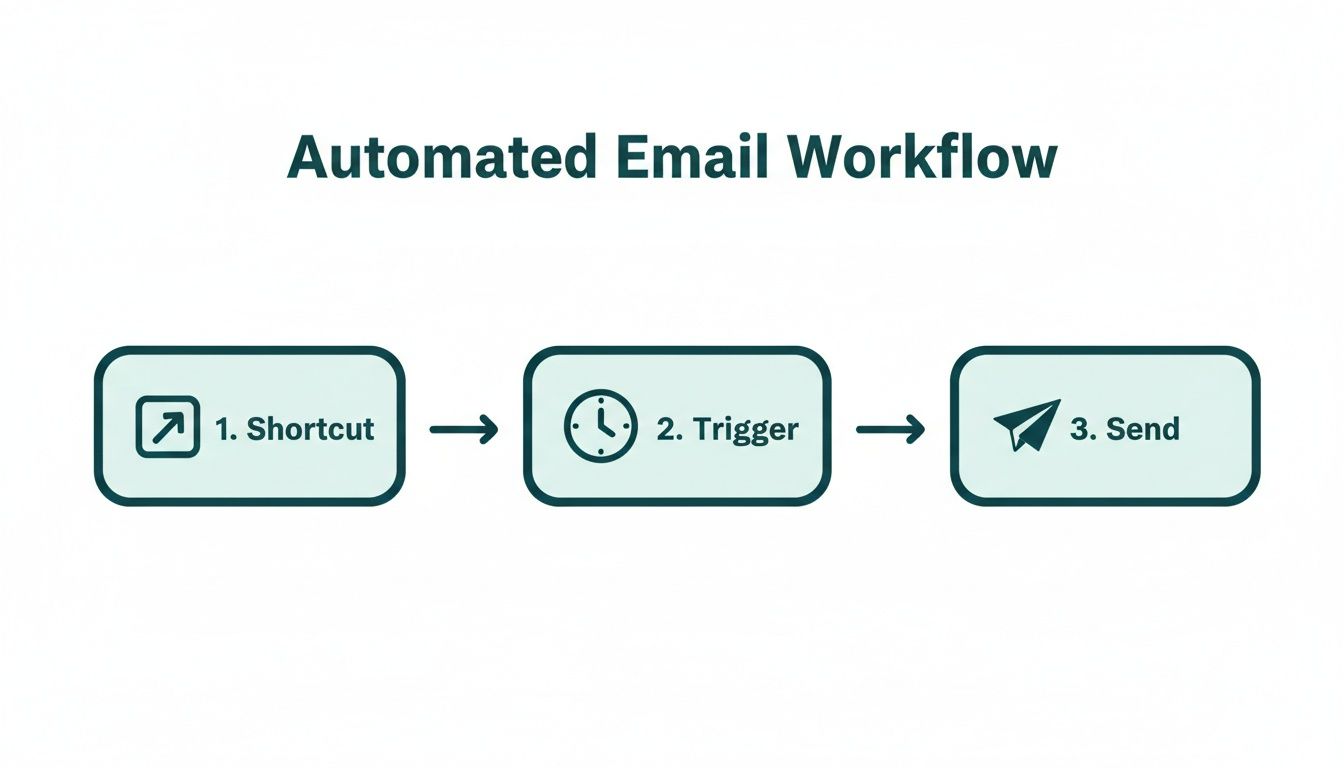 A visual flowchart outlining an automated email workflow steps: shortcut, trigger, and send.