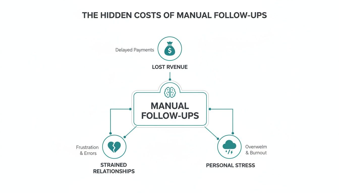 Flowchart detailing the hidden costs of manual follow-ups, including lost revenue, strained relationships, and personal stress.