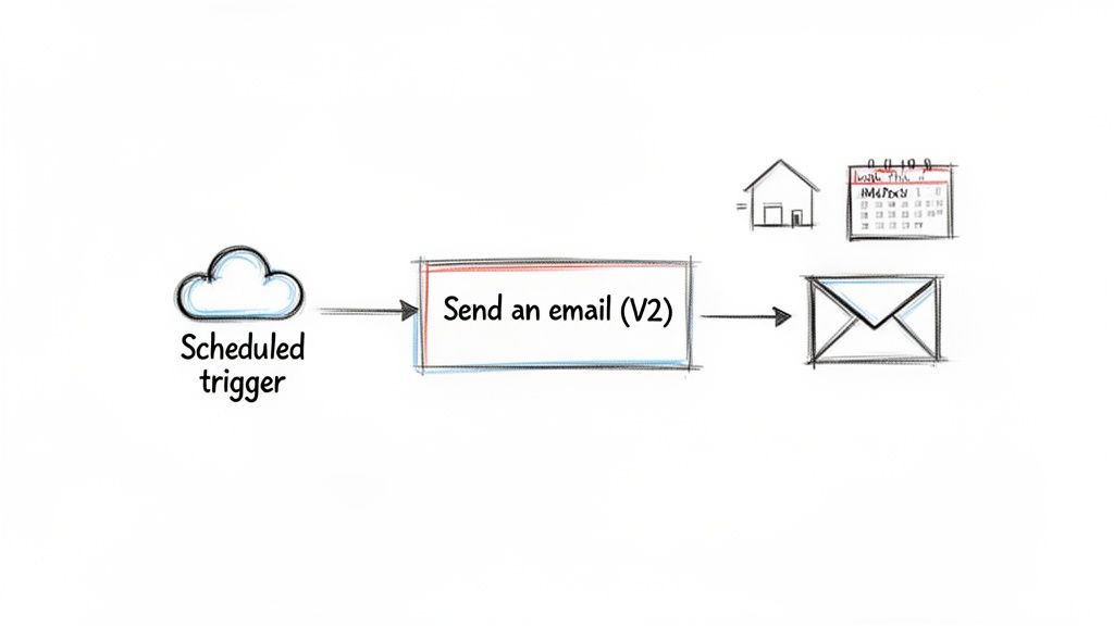 A diagram shows a scheduled cloud trigger initiating an email send, depicted by an envelope.