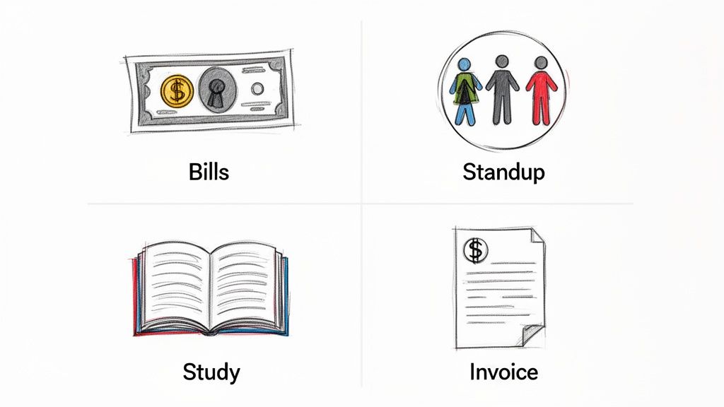 Sketches of icons for bills, standup meetings, study, and invoice on a white background.