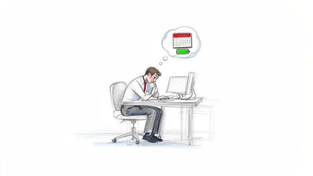 A tired man at a desk, looking stressed and thinking about an empty battery and calendar.