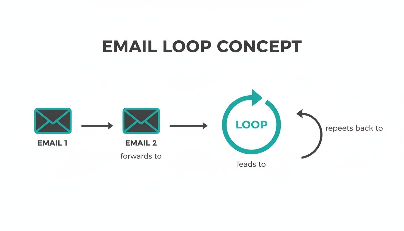 Diagram illustrating an email loop concept, showing email 1, email 2 forwarding to a loop that repeats.