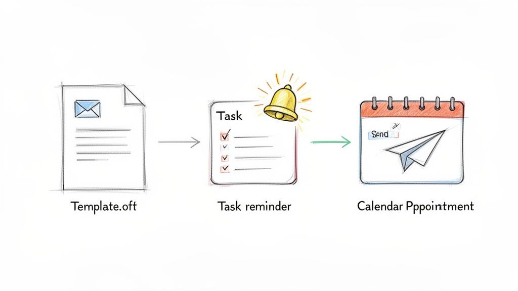 A diagram illustrates a workflow from an email template to a task reminder and a calendar appointment.