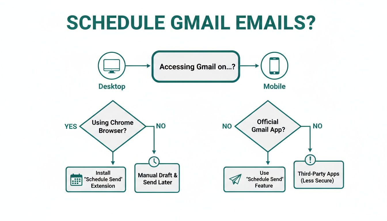 A flowchart detailing methods to schedule Gmail emails based on desktop or mobile access, and specific app or browser usage.