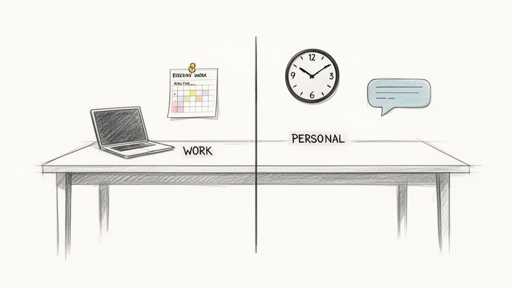 A divided table sketch showing work items (laptop, calendar) and personal items (clock, chat bubble).
