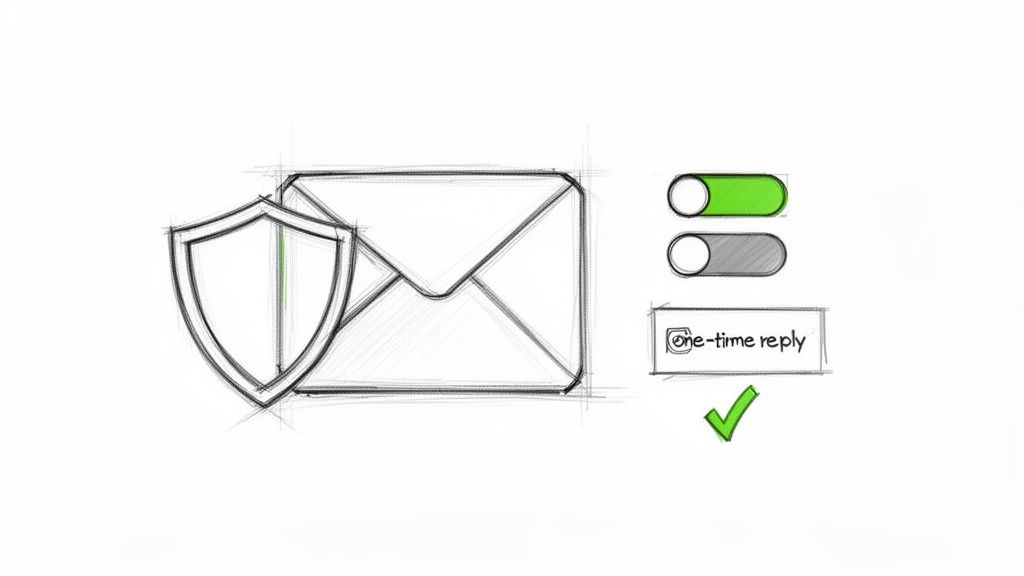A sketch shows an email envelope protected by a shield, with 'one-time reply' feature and toggle switches.
