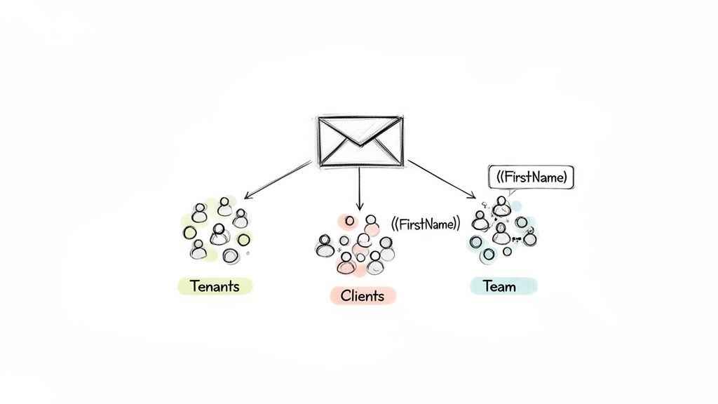 A diagram illustrates an email being sent to three distinct groups: Tenants, Clients, and Team, showing personalization.