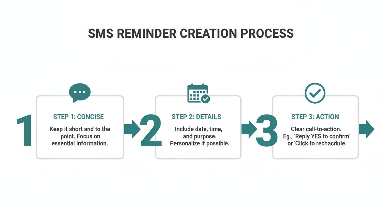 A three-step process diagram for creating effective SMS reminders, covering concise content, details, and call-to-action.