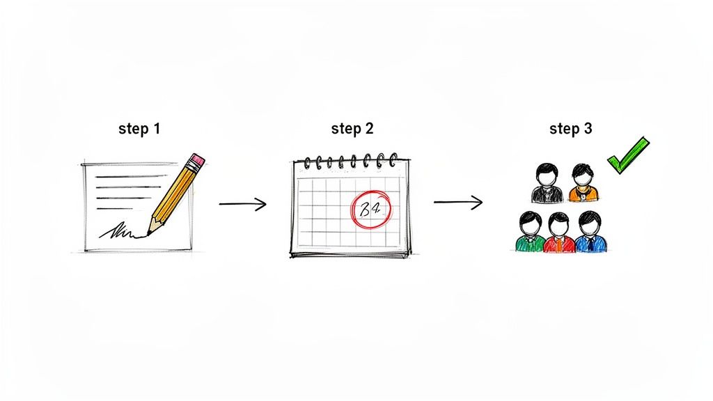 A three-step process: signing a document, scheduling on a calendar, and confirming a group meeting.