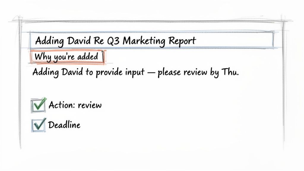 A handwritten note about adding David to a Q3 Marketing Report for input and review by Thursday.