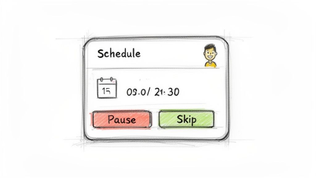A hand-drawn sketch of a mobile app schedule interface with date, time, user avatar, and action buttons.