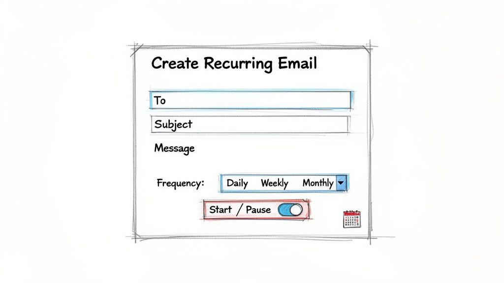 A hand-drawn sketch of a 'Create Recurring Email' form with fields for 'To', 'Subject', 'Message', frequency options, and a start/pause toggle.